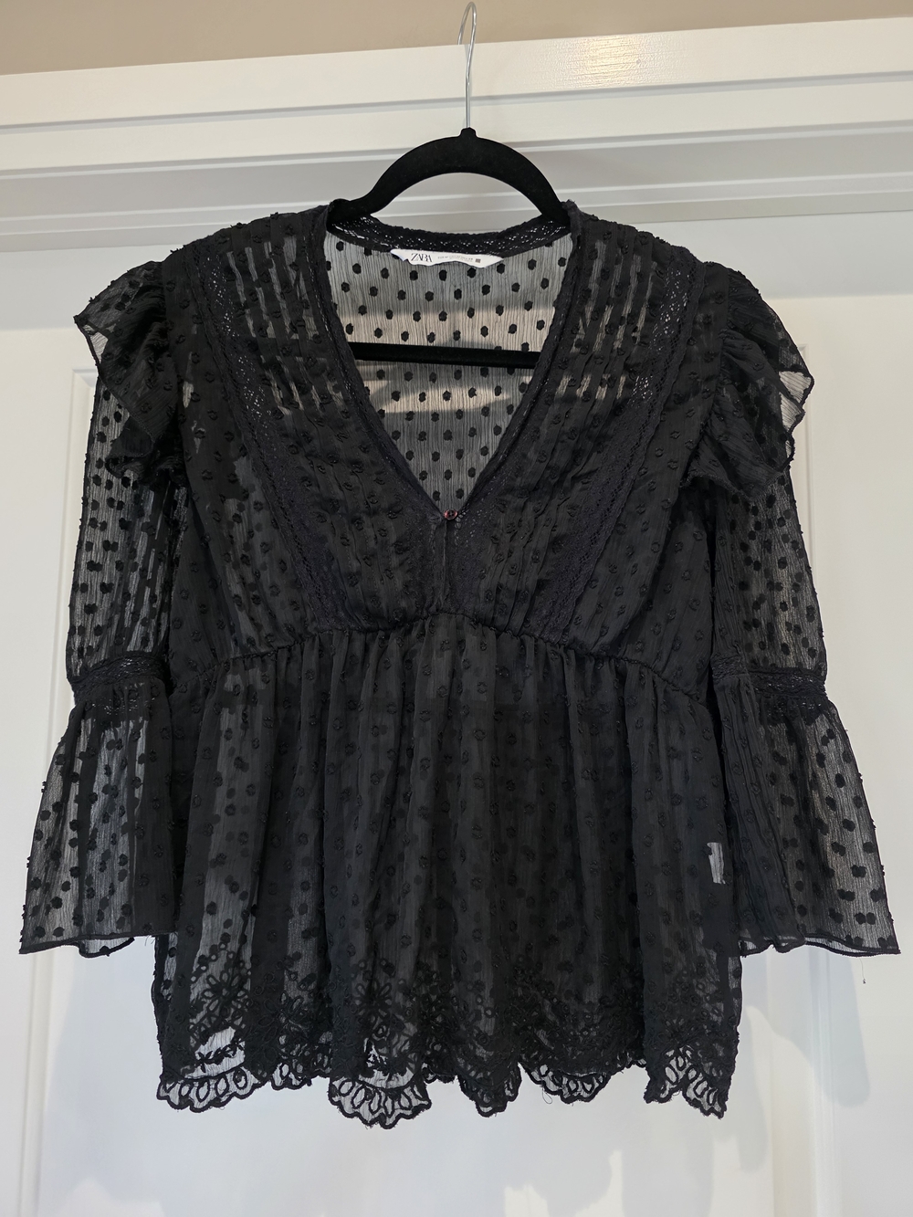Zara Black Swiss Dot Lace Peplum Top